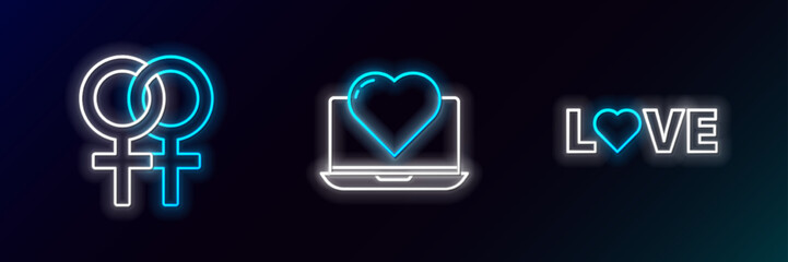 Set line Love text, Female gender symbol and Laptop with heart icon. Glowing neon. Vector