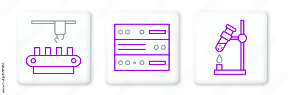 Poster set line test tube flask on fire, factory conveyor system belt and server, data, web hosting icon. v