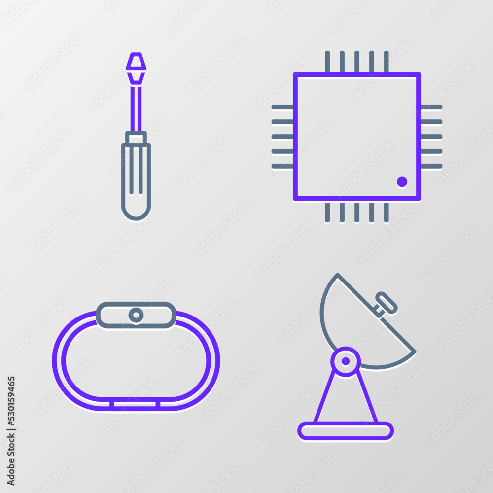 Poster set line radar, smartwatch, processor with microcircuits cpu and screwdriver icon. vector
