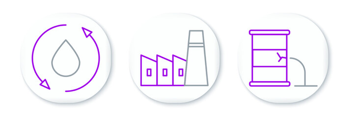Set line Barrel oil leak, Oil drop and industrial factory building icon. Vector