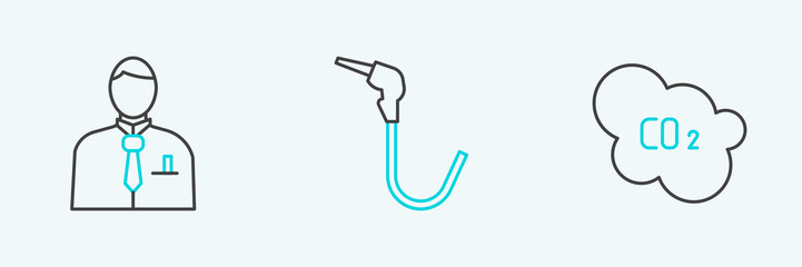 Set line CO2 emissions in cloud, Businessman or stock market trader and Gasoline pump nozzle icon. Vector
