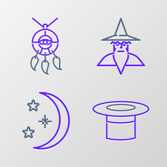 Fototapeta na wymiar Set line Magician hat, Moon and stars, Wizard warlock and Dream catcher with feathers icon. Vector