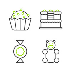 Set line Jelly bear candy, Candy, Cake and Cupcake icon. Vector