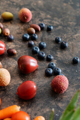 fresh fruits and vegetables on the stone table. zero waste concept