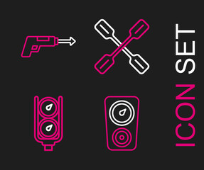Set line Gauge scale, Paddle and Fishing harpoon icon. Vector