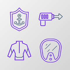 Set line Diving mask, Wetsuit, Fishing harpoon and Anchor inside shield icon. Vector
