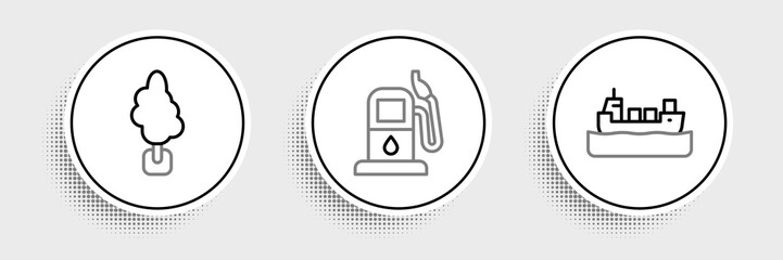 Set line Oil tanker ship, Tree and Petrol or gas station icon. Vector