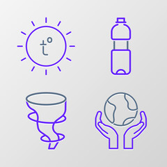 Set line Hands holding Earth globe, Tornado, Bottle of water and Sun icon. Vector