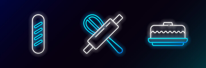 Set line Cake, French baguette bread and Kitchen whisk and rolling pin icon. Glowing neon. Vector