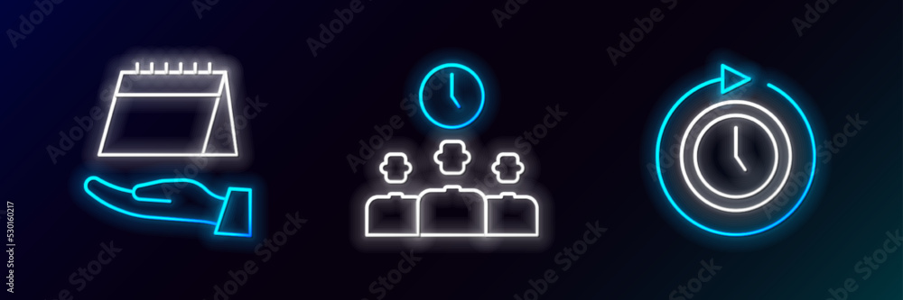Poster set line clock with arrow, calendar and time management icon. glowing neon. vector