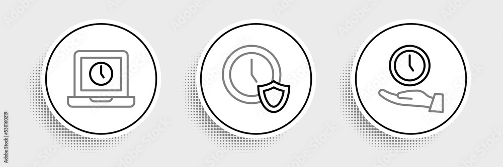Poster set line clock, laptop time and with shield icon. vector