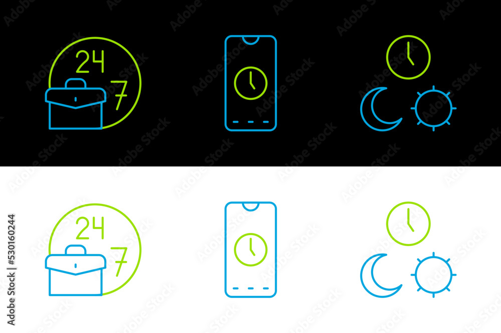 Poster set line day and night with time, always busy and alarm clock app mobile icon. vector