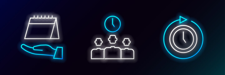 Set line Clock with arrow, Calendar and Time Management icon. Glowing neon. Vector