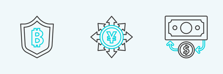 Set line Stacks paper money cash, Shield with bitcoin and Coin Yen icon. Vector