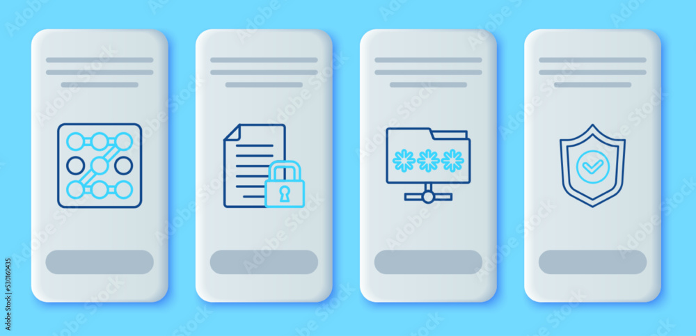 Poster set line document and lock, folder with password, graphic protection and shield check mark icon. vec