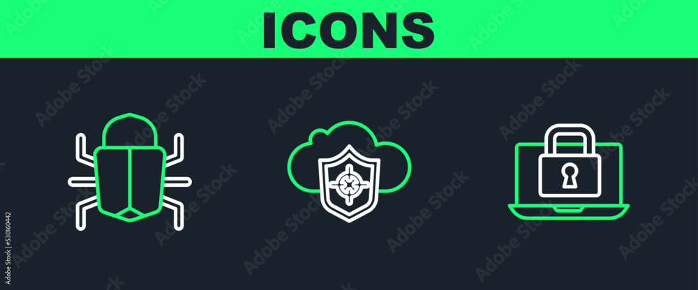 Poster set line laptop and lock, system bug and cloud shield icon. vector