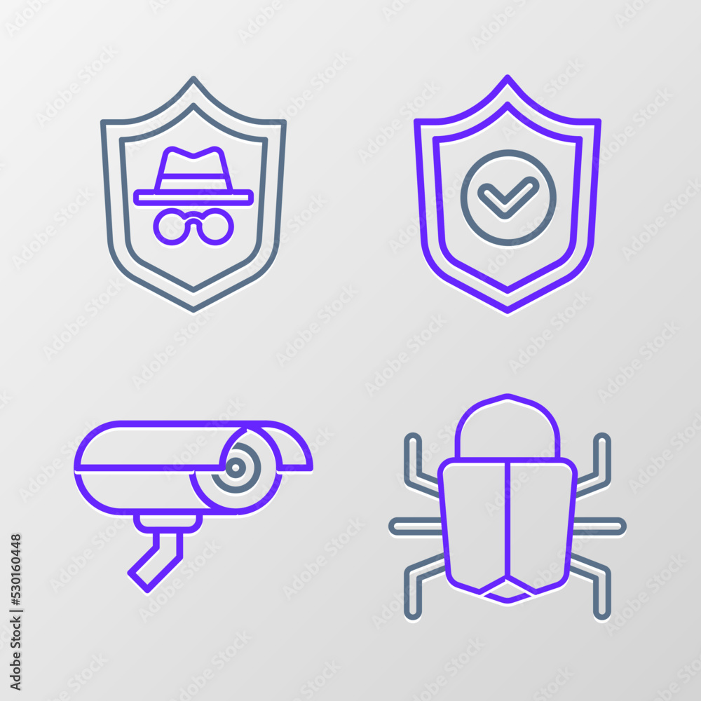 Poster set line system bug, security camera, shield with check mark and incognito mode icon. vector