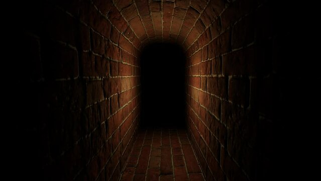 Underground secret corridor of the old castle. Movement through the underground catacombs. Looped 3d animation.