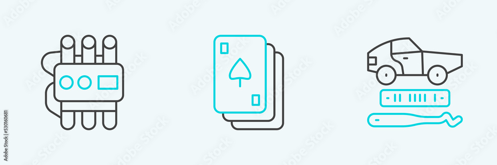 Poster set line car theft, dynamite and timer clock and playing cards icon. vector