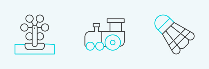 Set line Badminton shuttlecock, Ferris wheel and Toy train icon. Vector