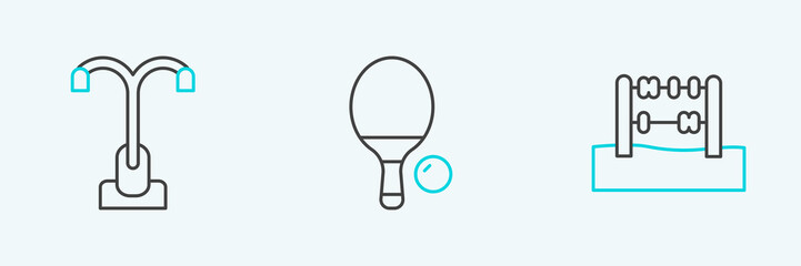 Set line Abacus, Street light and Racket and ball icon. Vector