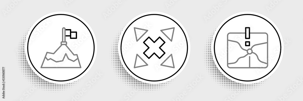 Poster set line intersection point, mountains with flag and many ways directional arrow icon. vector
