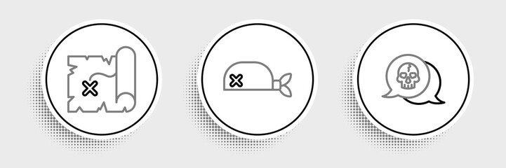 Set line Skull, Pirate treasure map and bandana for head icon. Vector