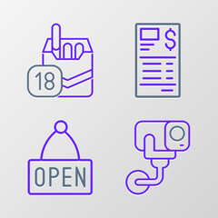 Set line Security camera, Hanging sign with Open, Paper or financial check and Cigarettes pack box icon. Vector