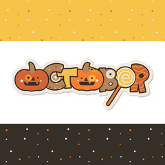 Fototapeta premium isolated inscription October with pumpkins and two patterns
