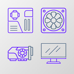 Set line Computer monitor screen, Video graphic card, cooler and Motherboard digital chip icon. Vector