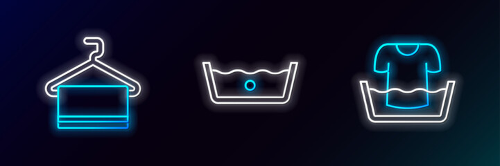 Set line Basin with shirt, Towel on hanger and Temperature wash icon. Glowing neon. Vector