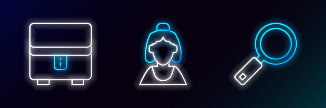 Set line Magnifying glass, Jewelry box and Consultant of jewelry store icon. Glowing neon. Vector