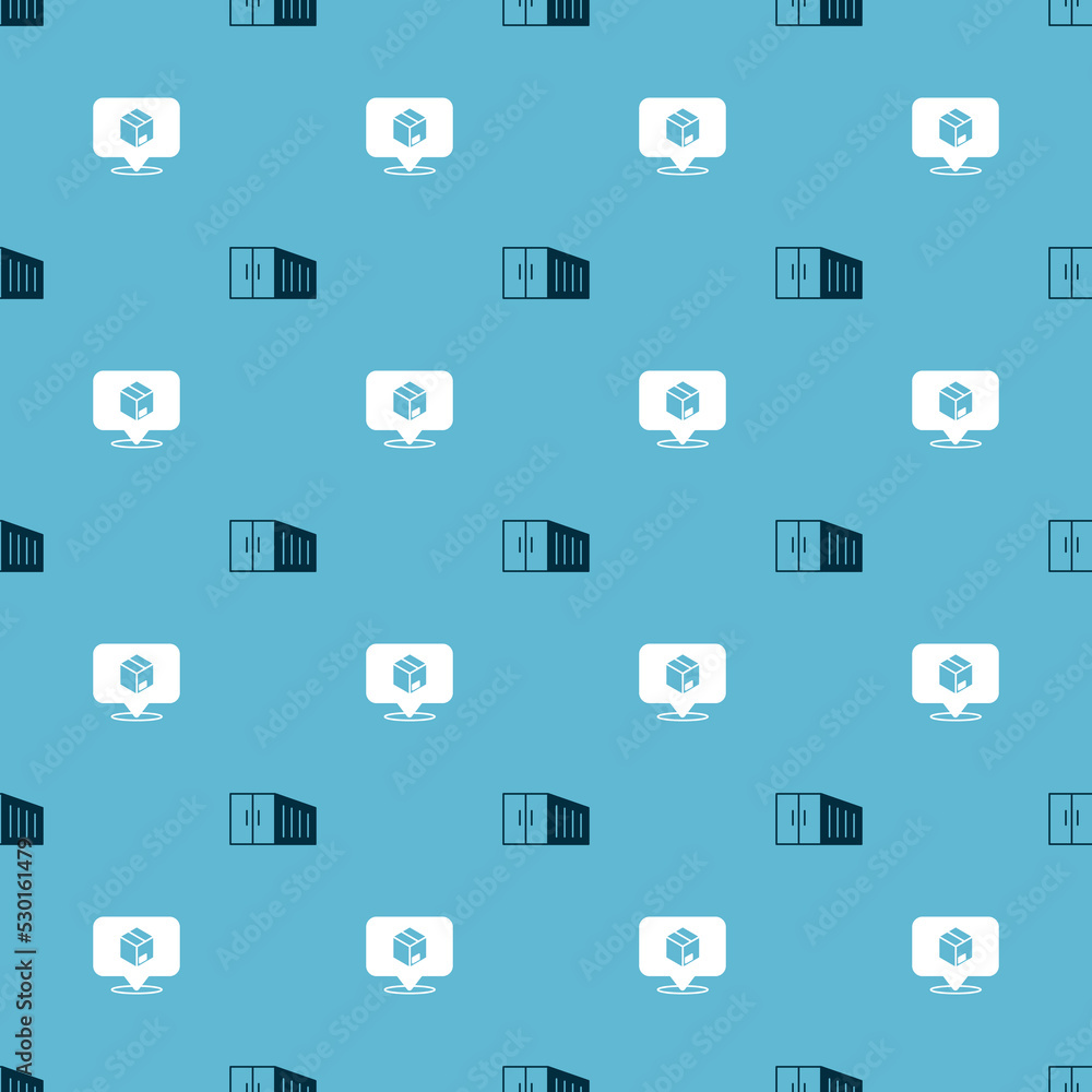 Aufkleber set container and location with cardboard box on seamless pattern. vector