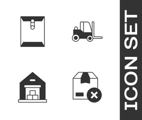 Set Carton cardboard box, Envelope, Warehouse and Forklift truck icon. Vector