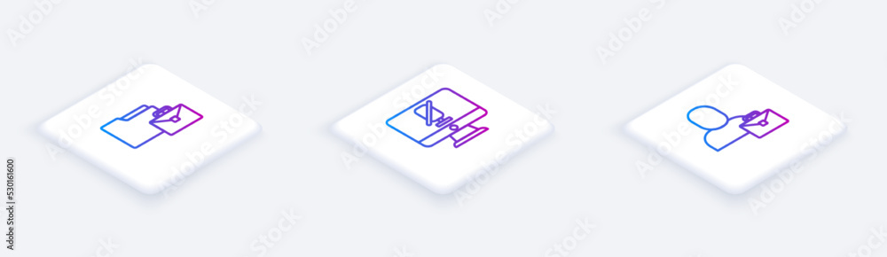 Poster set isometric line online working, mute microphone on computer and freelancer. white square button. 