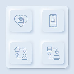 Set line Heart with text work, Video chat conference, Online working and . White square button. Vector