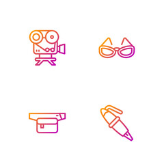 Set line Fountain pen nib, Waist bag of banana, Retro cinema camera and Glasses. Gradient color icons. Vector