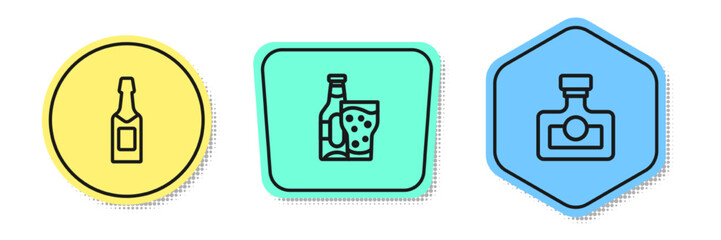 Set line Champagne bottle, Beer and glass and Alcohol drink Rum. Colored shapes. Vector