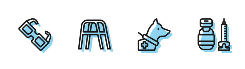 Set line Guide dog, Eyeglasses, Walker and Syringe icon. Vector