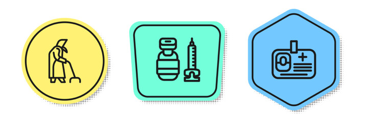 Set line Grandmother, Syringe and Identification badge. Colored shapes. Vector