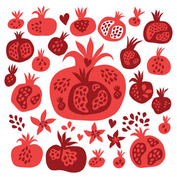 Pomegranate  set elements Red  sweet pomegranate fruits  Vector hand drawn illustration Shana Tova and Ros ha shanah