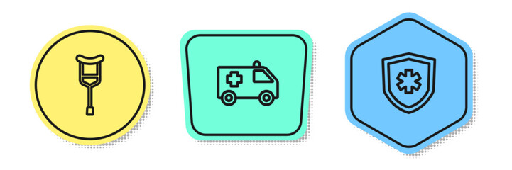 Set line Crutch or crutches, Ambulance car and Life insurance. Colored shapes. Vector