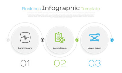 Set line Heart rate, Patient record and Stretcher. Business infographic template. Vector