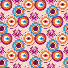 Awesome seamless pattern with esoteric eye different shapes, Magic, witchcraft, occult symbol, colorful line art. fabric, paper, textile. Vector Modern mythic graphic background illustration.
