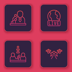 Set line Breaking news, Interview, Live report and Drone. Blue square button. Vector