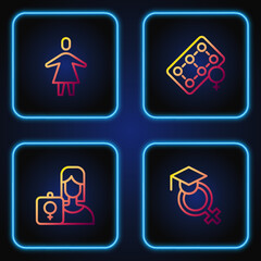 Set line Teacher, Feminist activist, Female and Packaging of birth control pills. Gradient color icons. Vector