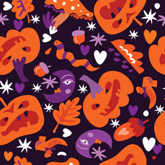 Happy Halloween seamless pattern   Pumpkin, bat, ghost, skull, star, owl, spider , hat. Vector cartoon illustration background
