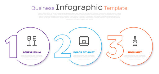 Set line Glass of champagne, Wedding rings and Champagne bottle. Business infographic template. Vector