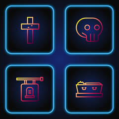 Obraz premium Set line Coffin with dead, Signboard tombstone, Christian cross and Skull. Gradient color icons. Vector