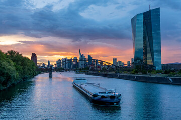 Skyline of Frankfurt with the European Central Bank (ECB) in the foreground during sunset
